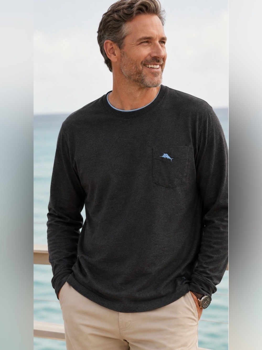 TOMMY BAHAMA Men’s long sleeve 100% cotton T-shirt, size XL. Charcoal gray.